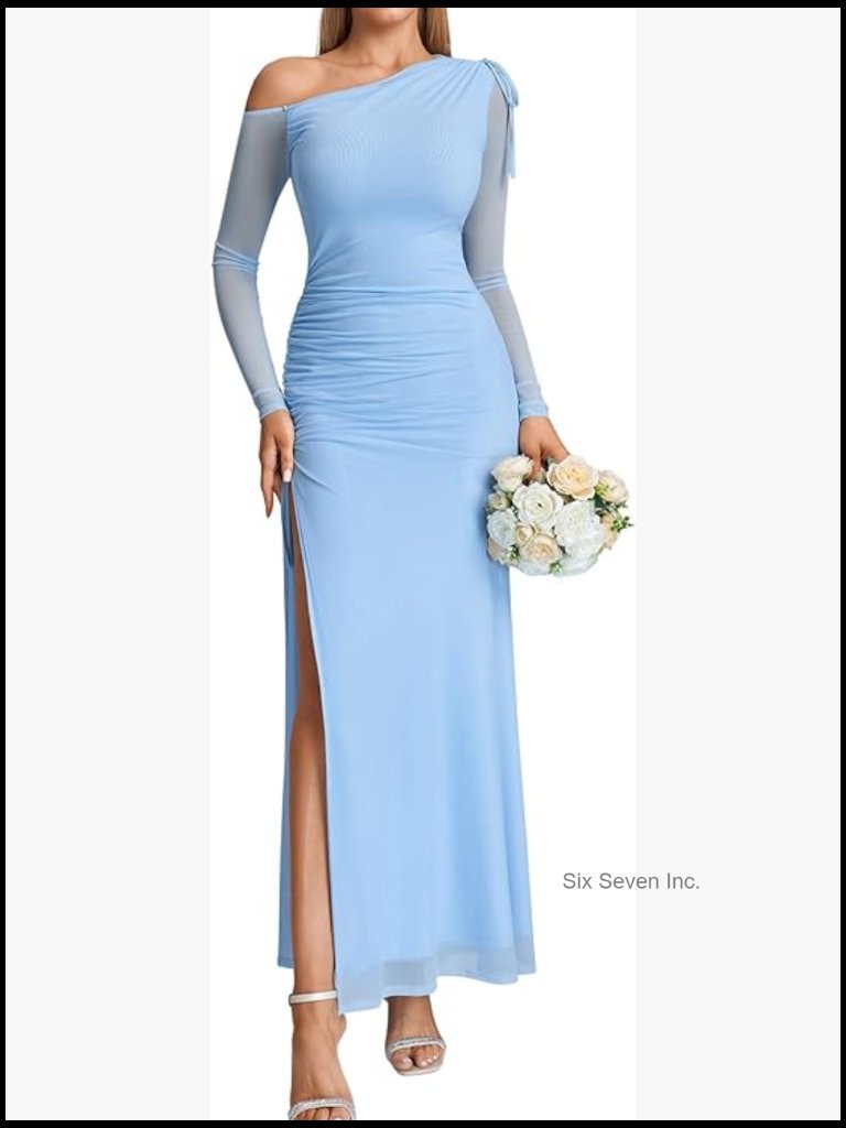 One Shoulder Long Sleeve Mesh Bodycon Maxi Dress Formal